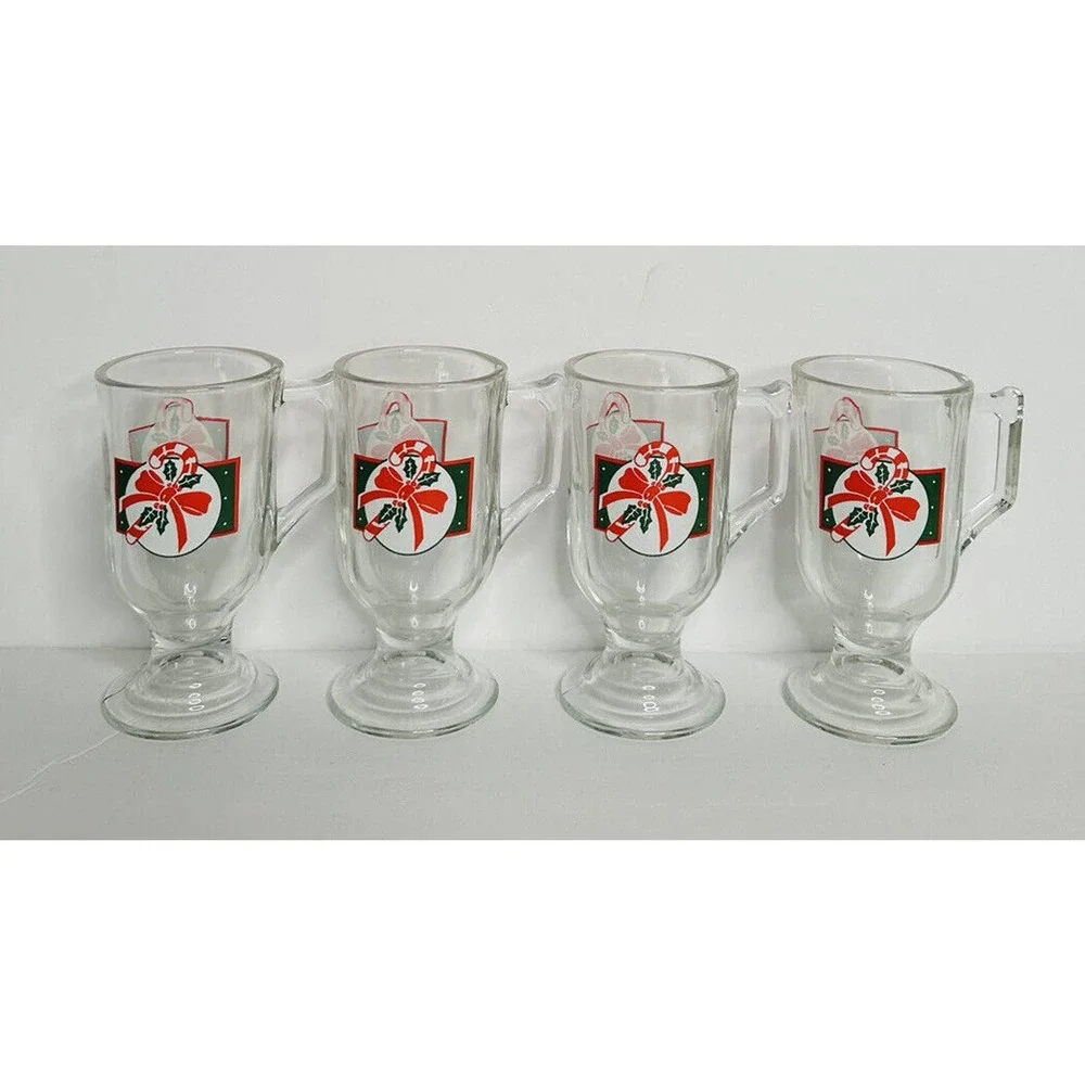 Christmas Mugs Set 4 HOMCO Boxed Clear Glass Footed‎ Candy Cane 8770-BD USA Made